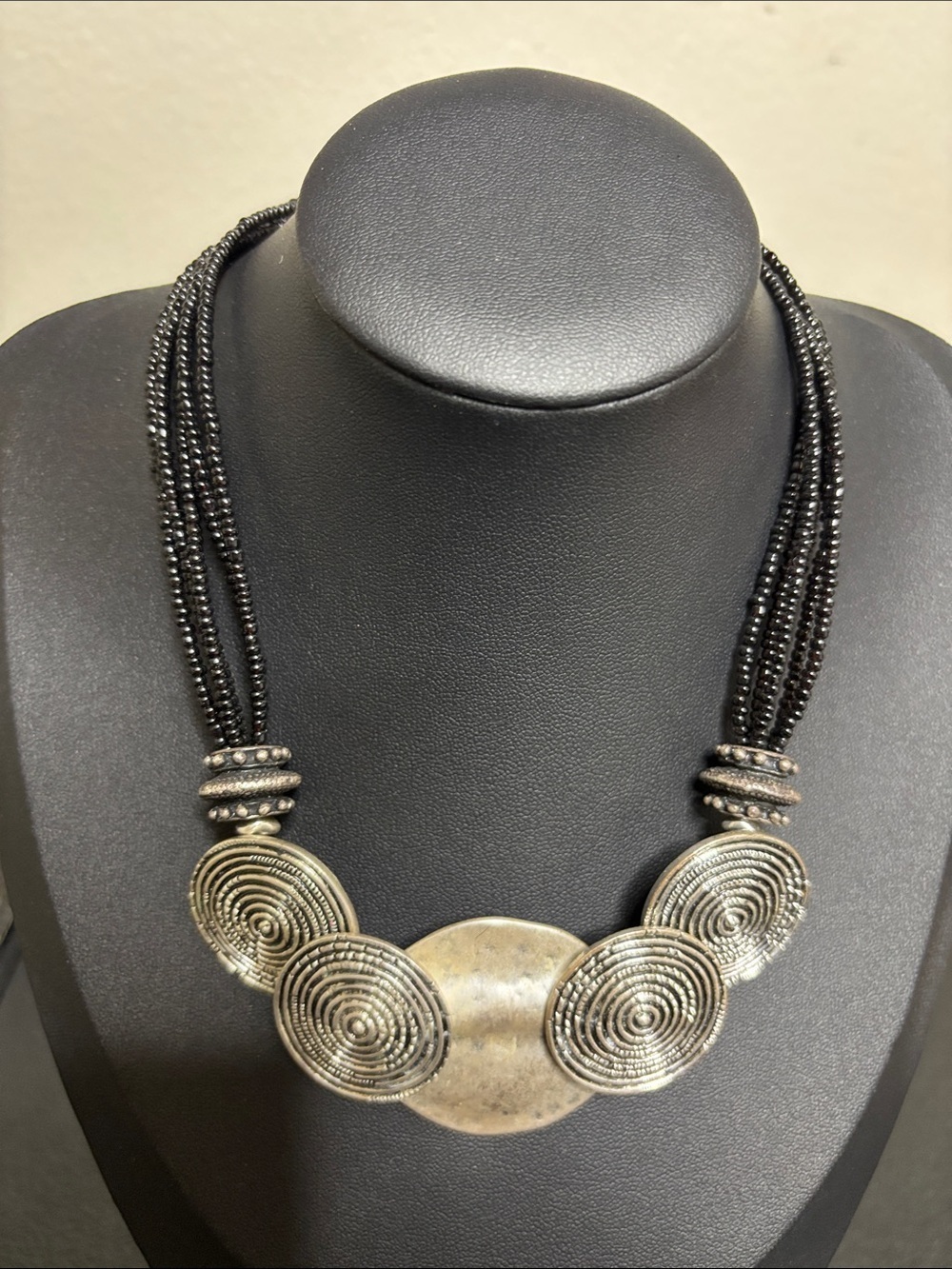 Chico’s Statement Black Beaded Necklace with Antique Silver Discs